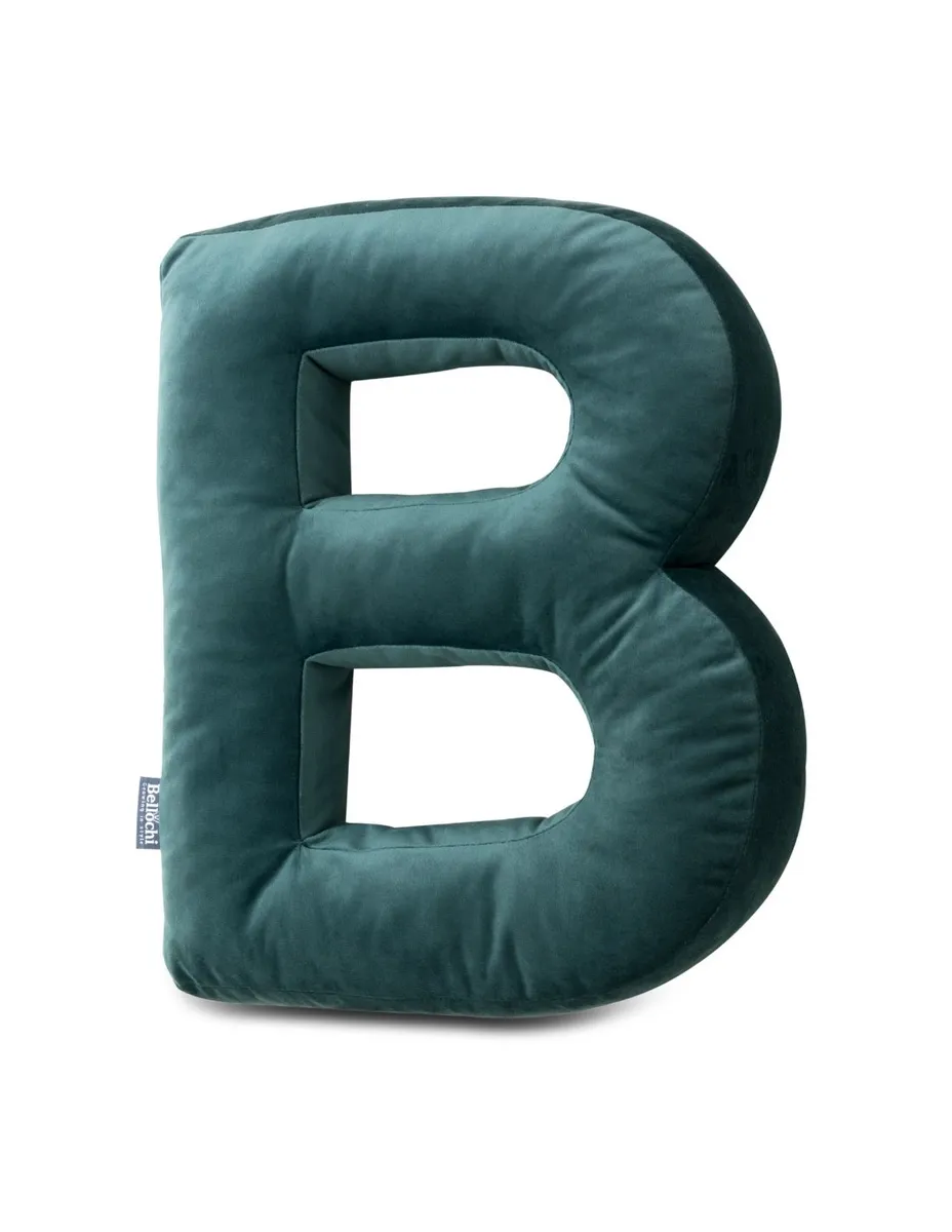 Decorative velvet letter pillow B shaped dark green